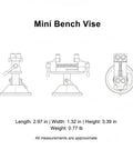 Ultimate Mini Bench Vise With Suction Base, Top Notch Aluminum Alloy Clamp shown from three angles with dimensions listed.