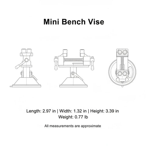 Ultimate Mini Bench Vise With Suction Base, Top Notch Aluminum Alloy Clamp shown from three angles with dimensions listed.