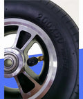 Close-up of 8 Inch X 2 Inch Wheelchair Caster Wheels With Slick Rolling Pneumatic Tires and Tough As Nails Aluminum Alloy Hubs.