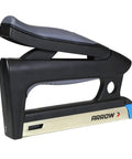 Pro Level Hard Core 2 In 1 Staple And Nailer Combo For Wood Upholstery And Furniture Repairs Fits T50 Staples And 5 8 Inch Brad Nails, side view of black stapler with silver base.