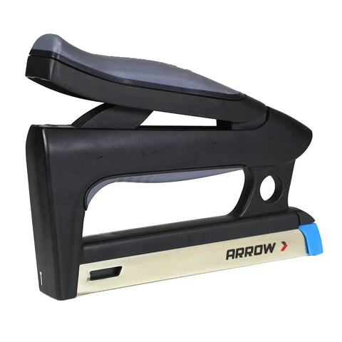 Pro Level Hard Core 2 In 1 Staple And Nailer Combo For Wood Upholstery And Furniture Repairs Fits T50 Staples And 5 8 Inch Brad Nails, side view of black stapler with silver base.