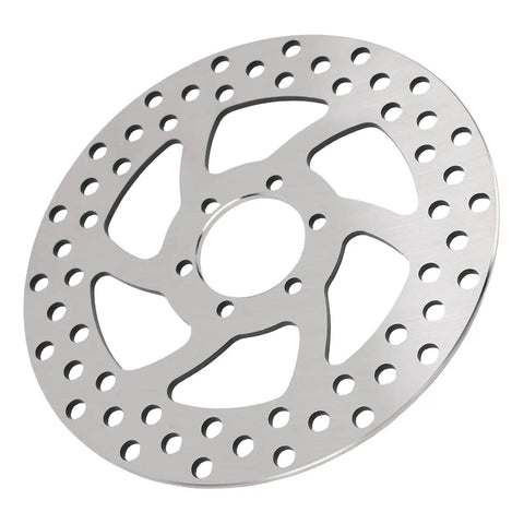 Metal Brake Disc Replacement For Electric Scooters With Wear Resistant Build angled top view in silver finish
