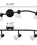 Dimensions and design of Four Light Modern Black Curved Kitchen Track Ceiling Light Fixtures With Adjustable Heads And Alabaster Glass.