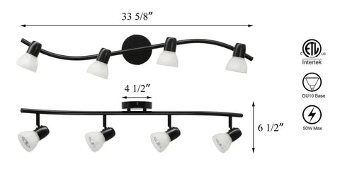 Dimensions and design of Four Light Modern Black Curved Kitchen Track Ceiling Light Fixtures With Adjustable Heads And Alabaster Glass.
