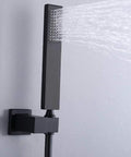 Dope Black Wall Mounted Bathroom Shower Combo That Steps Up The Game With A Bold Ten Inch Rain Head And Easy Grip Handheld Sprayer Plus Triple Setting Mixer Valve For Your Ultimate Hot Shower - sleek handheld sprayer in use