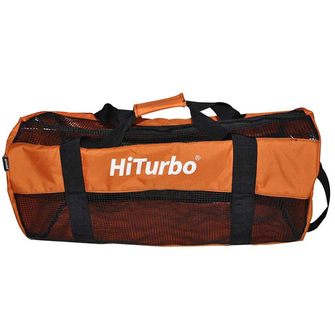 Orange 100L Mesh Dive Duffel Bag for Scuba Gear and Water Sports with shoulder strap and quick drain mesh design.