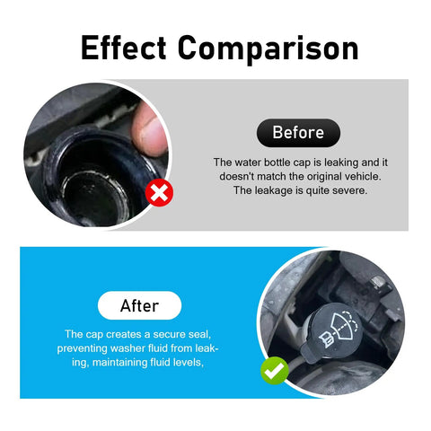 Effect comparison showing before and after using Windshield Washer Fluid Cap Replacement For GMC Chevy Buick Cadillac Car Wiper Bottle Cover Direct Fit Reservoir Tank Cap Easy Install No Tools Required