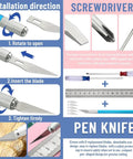 Instruction guide for installing blades in a pen knife, part of 50 piece DIY hobby craft set with screwdrivers and tools for models.