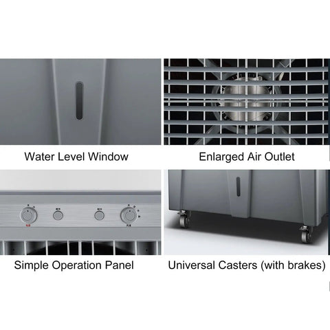 Heavy Duty Industrial Evaporative Air Cooler With 90L Water Tank features water level window, enlarged air outlet, simple operation panel, and universal casters.