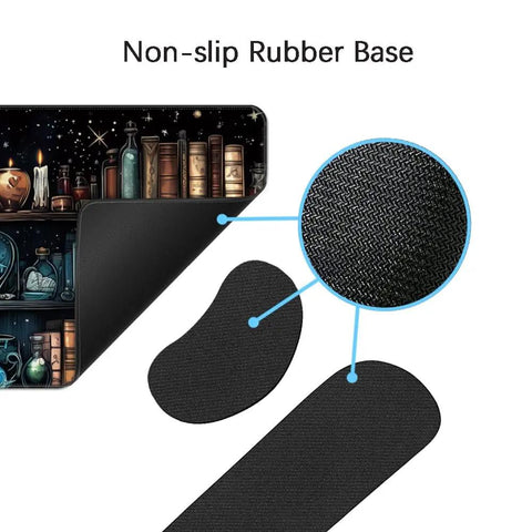 Memory Foam Keyboard Wrist Rest And XXL Extended Gaming Mouse Pad Set For Ergonomic Comfort Pain Relief Easy Typing 4 Piece Ultra Thick Desk Mats With Enchanted Bookshelf Design showing non-slip rubber base and enchanted bookshelf design.