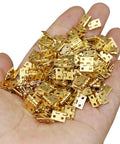Gold Mini Brass Hinges Set For Dollhouse And Tiny Furniture, 100 Pcs 10x8mm 180 Degree Swing Hinges with 400 Mounting Nails in hand