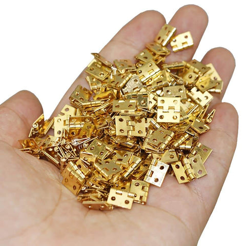 Gold Mini Brass Hinges Set For Dollhouse And Tiny Furniture, 100 Pcs 10x8mm 180 Degree Swing Hinges with 400 Mounting Nails in hand
