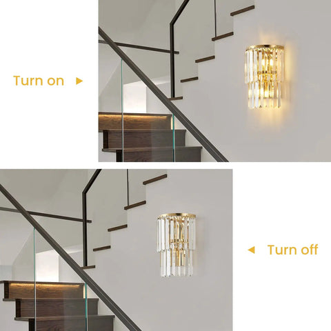 Two Light Crystal Wall Light With K9 Crystals And Gold Stainless Steel Frame Modern Bedside Wall Sconce For Bedroom Living Room Hallway 10 Inch High By 8 Inch Wide Luxe Gold Finish For A Dope Vibe illuminated and off