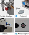 Close-up of Boss Level Pneumatic Paste Filling Machine components including anti-drip filling head, foot switch, air inlet, and pressure gauge.