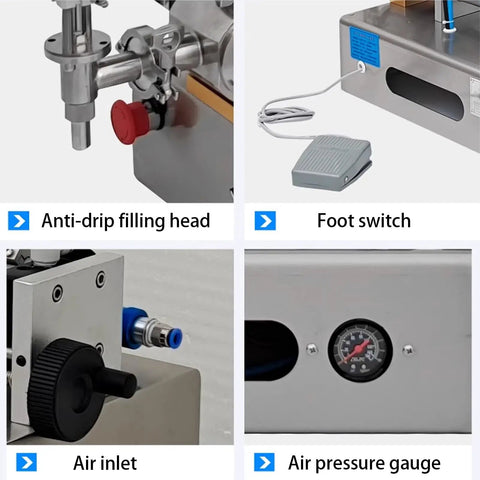Close-up of Boss Level Pneumatic Paste Filling Machine components including anti-drip filling head, foot switch, air inlet, and pressure gauge.