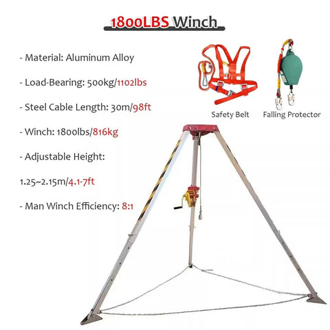 Rock Solid Manhole Rescue Tripod With Heavy Duty Winch And Fall Arrest Gear Built Tough Aluminum Rig For Confined Space Emergencies shown with winch details and height specifications.