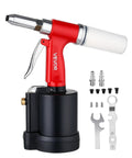 Heavy Duty Pneumatic Rivet Gun Kit With Five Jaw Sets For Quick Fastening Hella Durable Air Riveter showing red and black design with accessories.
