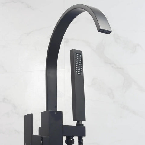 Dope Matte Black Floor Mount Tub Filler With Brass Shower Mixer And Handheld Sprayer 59 Inch Hose for modern bathroom upgrade