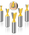 Top Shelf Five Piece Dovetail Router Bit Set 1/2 Inch Shank displaying carbide tipped bits for woodworking and cabinetry work.