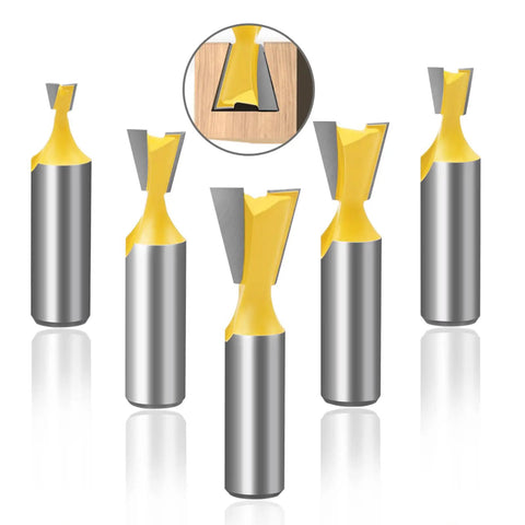 Top Shelf Five Piece Dovetail Router Bit Set 1/2 Inch Shank displaying carbide tipped bits for woodworking and cabinetry work.