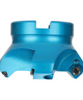 CNC lathe face mill tool, blue aluminum body with mounting screws (front view)