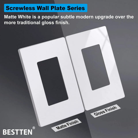 Comparison of 20 Pack Dope Matte Snow White USWP6 One Gang Screwless Wall Plate matte vs gloss finish