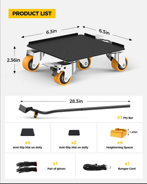 Five Wheel Heavy Duty Furniture Dolly With 4000 Lb Capacity Carbon Steel Panel Lifter And 360 Degree Silent Rubber Wheels Six Point Nine Inch Square Platform For Moving Desks Tables And Appliances In Home Or Workshop