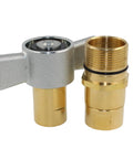 Side view of 3/4 in NPT hydraulic quick-disconnect coupling; brass threaded end with silver wing-nut housing