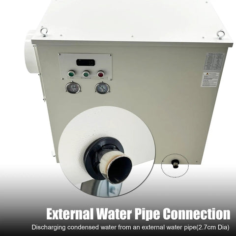 Heavy Duty Industrial Air Conditioner 61000 Btu Hour Cooling showing external water pipe connection for drainage.