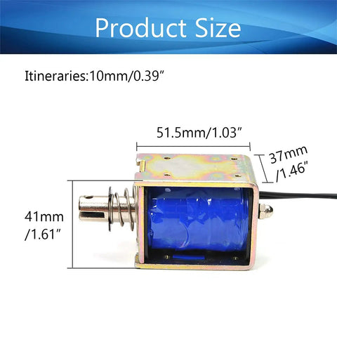 12V 60N Push Pull Solenoid Electromagnet With 10mm Stroke Open Frame Linear Actuator For Precise Mechanical Projects, Beefy 3A Current, Compact 37x41x51mm Frame, JF-1250B-12V size diagram showing 10mm stroke and 37x41x51.5mm frame