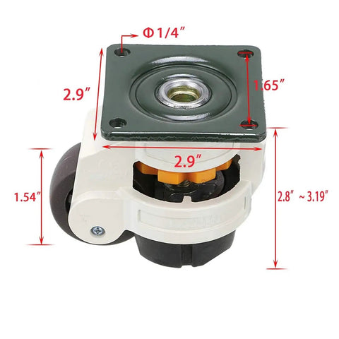 Built Like A Tank 4Pcs Heavy Duty Leveling Casters Featuring Retractable NBR Rubber Pads And Top Plate Swivel Wheels, 1.54" height, 2.9" square top plate.