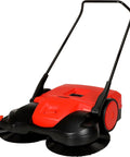 Deluxe Triple Brush Push Power Sweeper Boasts 38 Inch Wide Cleaning Deck And Huge 13 2 Gallon Hopper, red manual sweep tool.