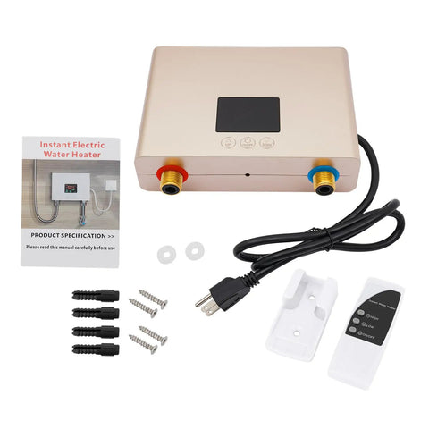 3000W Electric Tankless Water Heater With LED Display And Instant Hot Flow No Time Wasted On Cold Showers As Built Like A Tank showing product with installation kit.