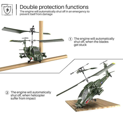 Lil Palm Size Infrared Indoor RC Helicopter S109G 3 Point 5 Channel With Gyro Stabilizer on wooden surface showing protection features