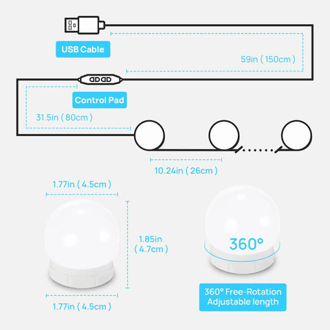 Diagram of Glam Hollywood Style Vanity Lights For Mirror With 10 Dimmable Bulbs, USB cable, control pad dimensions.