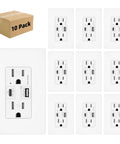 Beast Speed 65W GaN Fast Wall Charger Featuring Dual USB C And Type A Ports, Tamper Resistant UL Certified Outlet 10 Pack layout.