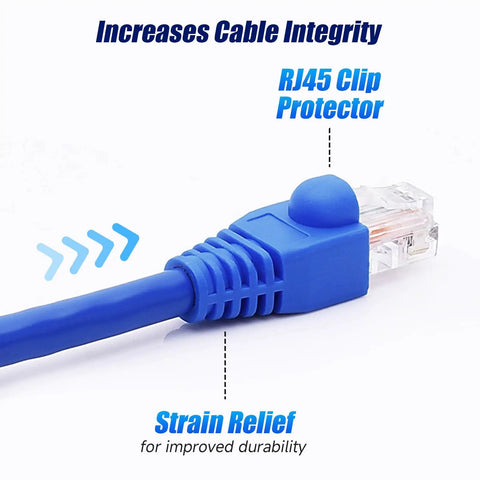 Blue Soft PVC RJ45 Strain Relief Boot on Cat6 cable, showing clip protector feature. Soft PVC RJ45 Strain Relief Boots For Cat5 Cat5e Cat6 Cables Blue 100 Pack Easy Fit Protects Connectors From Dust And Bending Stress And Extends Patch Cable Life.