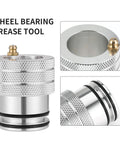 39mm Wheel Bearing Grease Tool for Can Am Maverick X3 in aluminum with knurled grip and O-ring seal, front and side views
