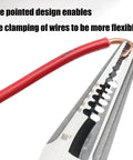 Close-up of Heavy Duty Stainless Steel Wire Stripping Tool clamping red wire for flexible use, showcasing ergonomic design.