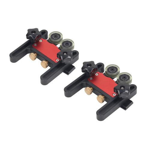 Heavy Duty Adjustable Featherboard For Table Saws And Router Tables Featuring Flexible Tracking Wheels with red and black design.