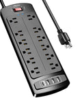 Six Foot Surge Protector Power Strip With Twelve Outlets And Four USB Ports, Heavy Duty Extension Cord, 2700 Joules, Overload Protection, Perfect For Home Office, Gaming Setup, And More black power strip with 12 outlets, 4 USB ports, and 6-ft cord