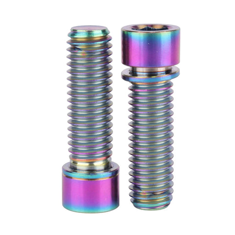 Rainbow titanium M8x25mm bicycle stem bolts with washers, two pieces.