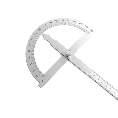 Heavy Duty Stainless Steel Angle Protractor Dead On Accuracy 0 To 180 Degrees Round Head Bevel Gauge viewed from above, precise markings visible.