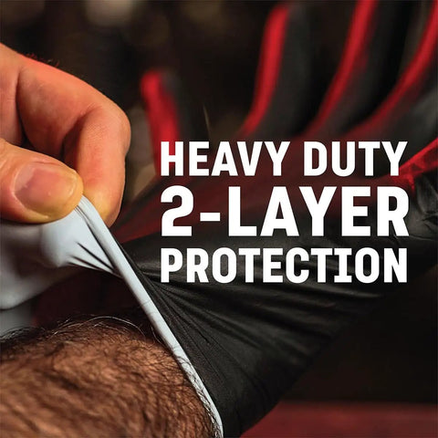 Kick Ass Heavy Duty Nitrile Work Gloves Chemical Resistant Disposable Black Rubber With Textured Grip Six Mil Thick Dual Layer Latex Powder Free Trade Ready Protective Shield For Pros Pack Of 100 Large being pulled on to show two-layer protection.