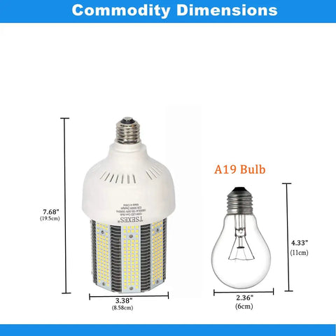120W LED Corn Cob Bulb With E26 E39 Mogul Base 6000K Daylight 18000 Lumens dimensions compared to A19 bulb