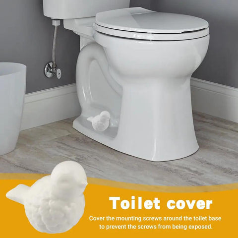 Slick White Ceramic Bird Toilet Bolt Covers Hiding Exposed Flange Nuts Zero Stress Install beside a white toilet.