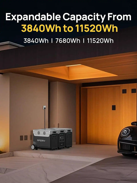 Massive 3840Wh Portable Power Station With LiFePO4 Battery in garage, showing expandable capacity, sleek design, and wheels