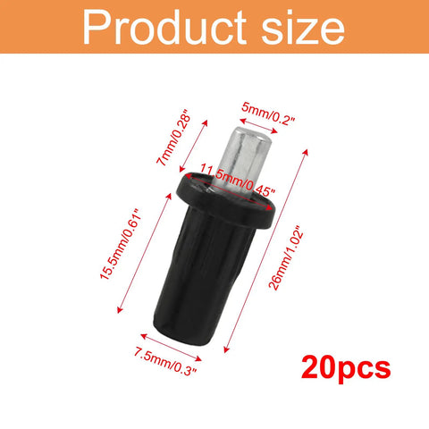 Top Shelf Black Cabinet Door Pin Dampers Replacement Valve Pins Soft Close Quiet Shutting Protection No Sweat Heavy Duty Hardware For Kitchen Cupboards Game Changer Setup Includes Twenty Pieces, product size and dimensions shown.