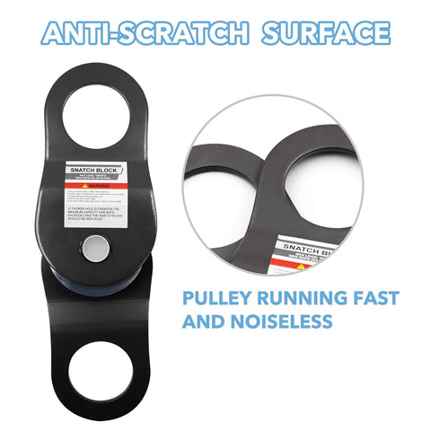 Snatch Block Recovery Pulley For Off Road Heavy Duty Winch Use With Synthetic Rope Or Steel Cable Universal Tackle Block For Truck Tractor ATV And UTV Black 10T, black steel snatch block with anti-scratch surface and pulley close-up