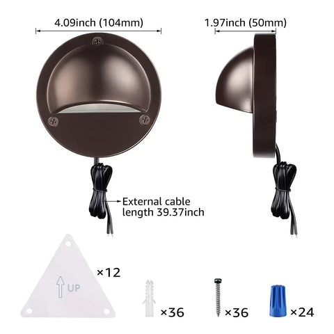 Low Voltage LED Deck Lights Set For Outdoors, 170 Lumen 4.09 Inch Landscape Step Rail Fence Lighting, 12 To 36V AC DC, Die Cast Aluminum Housing With Frosted Glass Lens, UL Listed Cord, Brown Finish, 3000K Warm White, 6 Pack